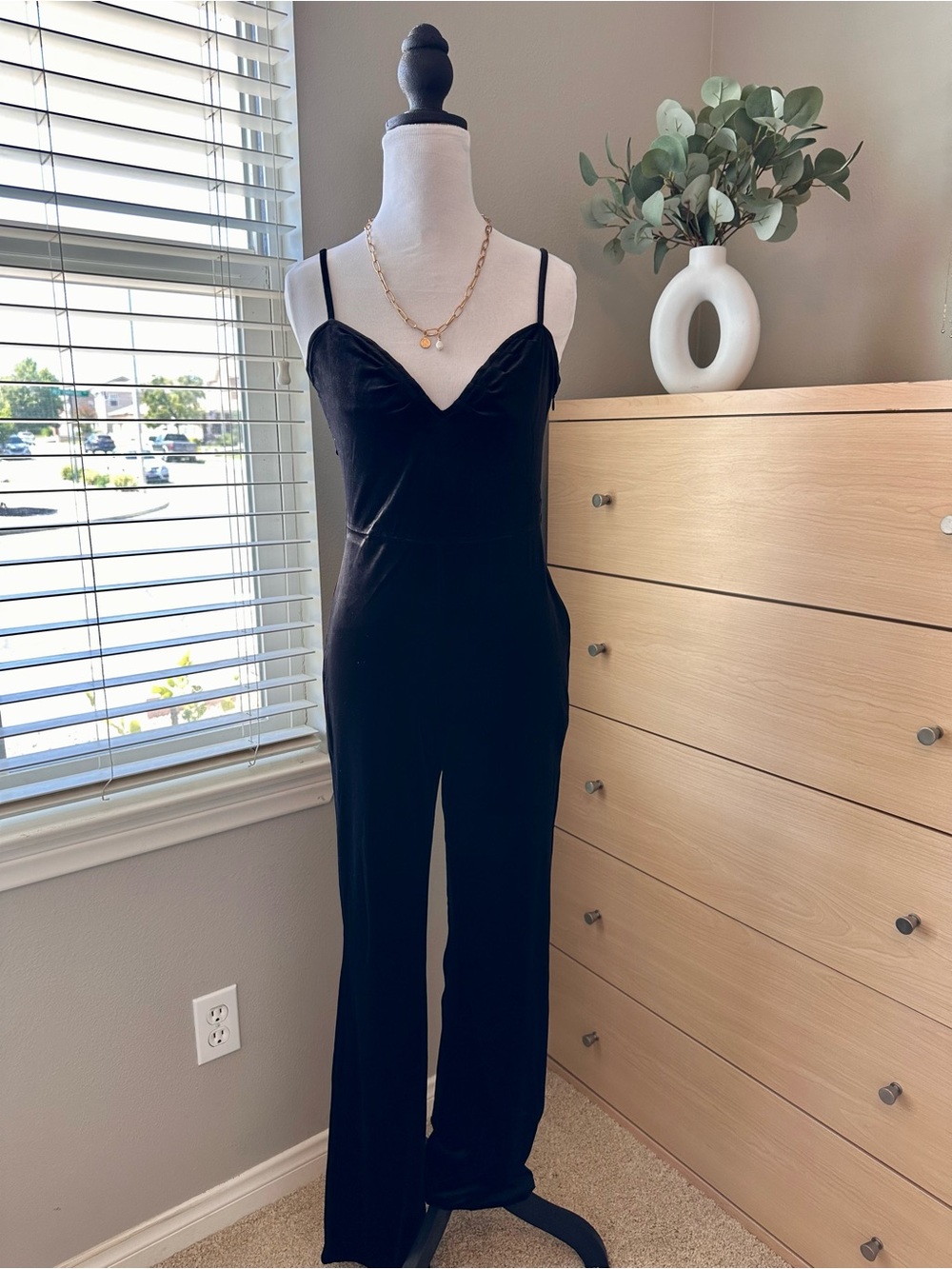 stradivarius Black Velvet Slip Jumpsuit with Spaghetti Straps